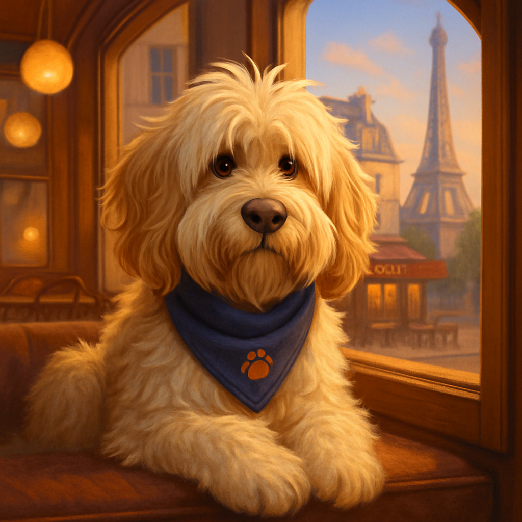Cartoon illustration of Marley, a shaggy cream-white cockapoo, relaxing in a cozy café window seat