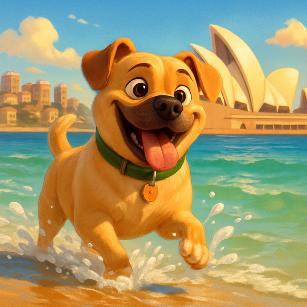 Cartoon illustration of Buster, a golden-honey mixed breed, joyfully splashing through the water